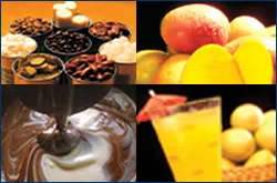 Collage of local dishes, tropical fruit, chocolate and a yellow fruit drink