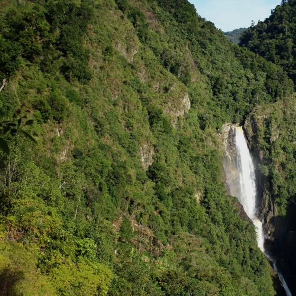 Waterfall cascading down a lush green mountainside